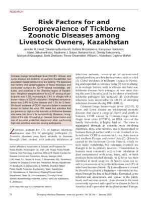 Risk Factors for and Seroprevalence of Tickborne Zoonotic Diseases Among Livestock Owners, Kazakhstan Jennifer R