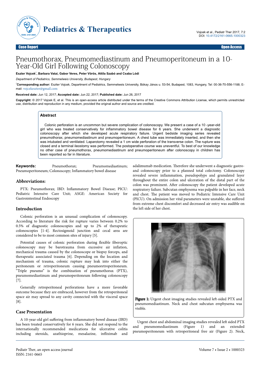 Pneumothorax, Pneumomediastinum and Pneumoperitoneum in a 10-Year-Old Girl Following Colonoscopy