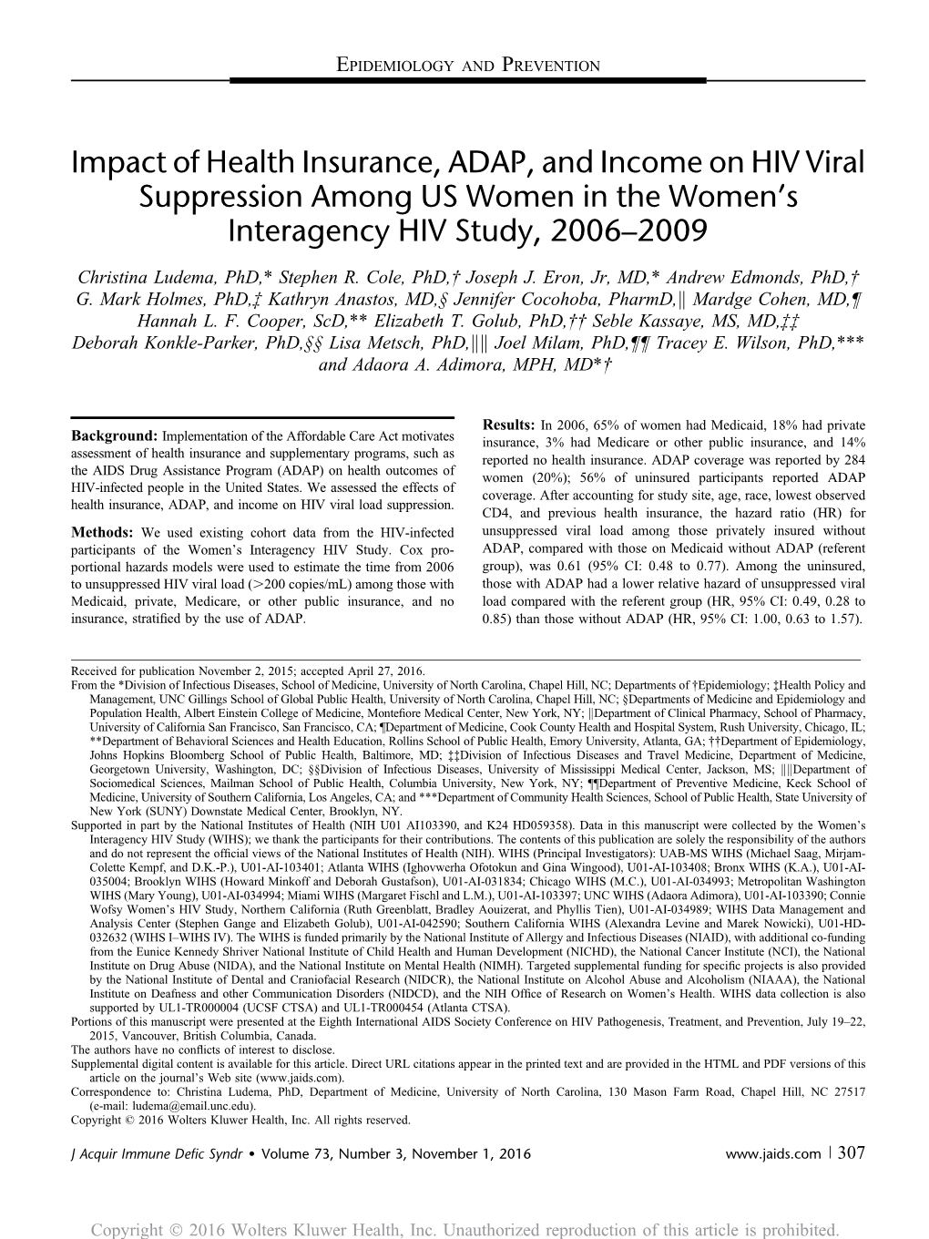 Impact of Health Insurance, ADAP, and Income on HIV Viral Suppression Among US Women in the Women’S Interagency HIV Study, 2006–2009