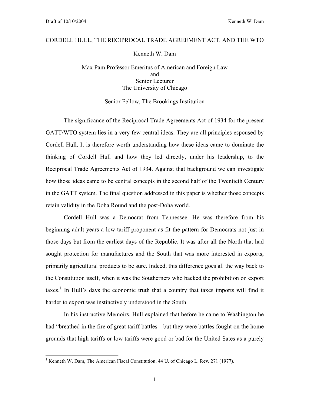 Cordell Hull, the Reciprocal Trade Agreement Act, and the Wto