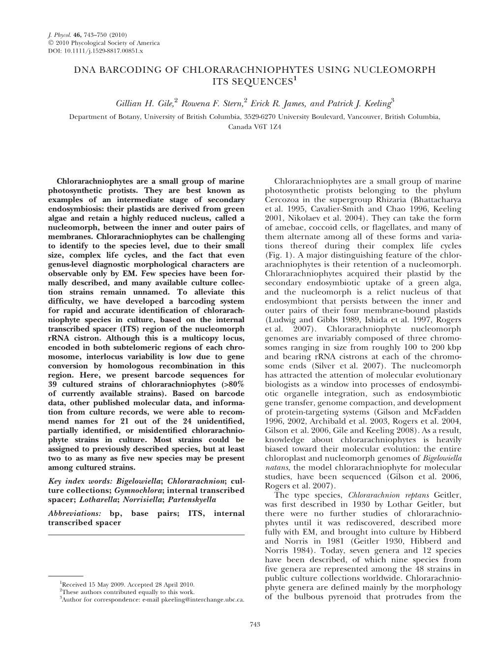 Dna Barcoding of Chlorarachniophytes Using Nucleomorph Its Sequences1