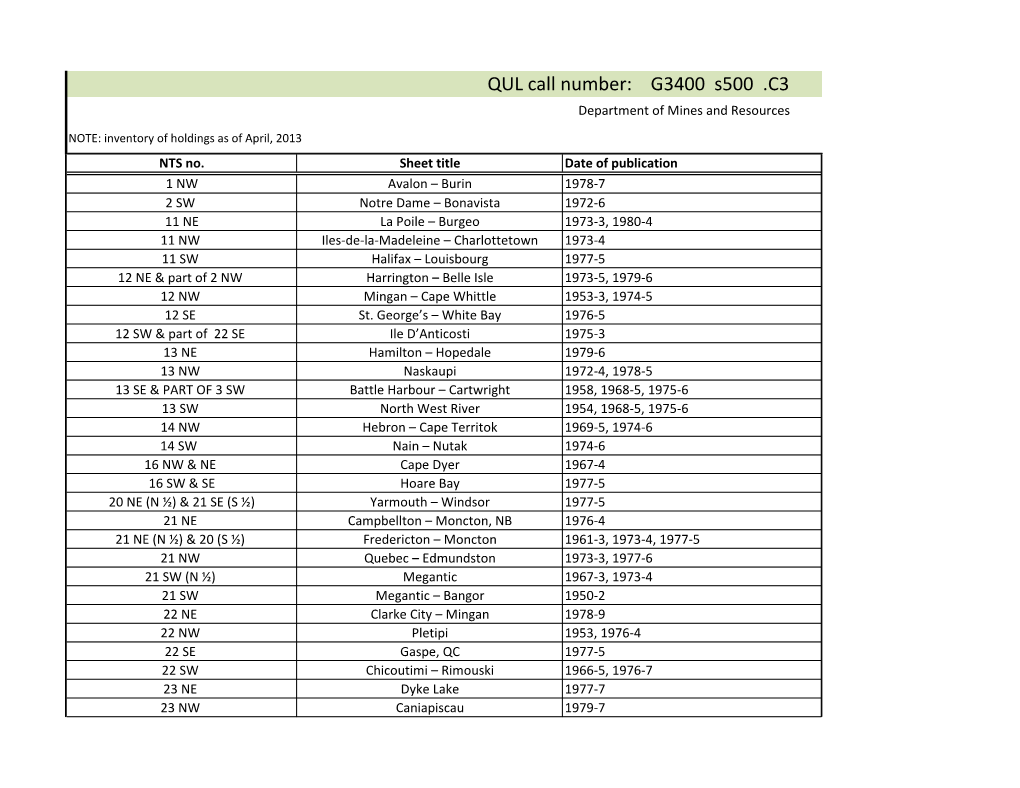 QUL Call Number: G3400 S500 .C3 Department of Mines and Resources