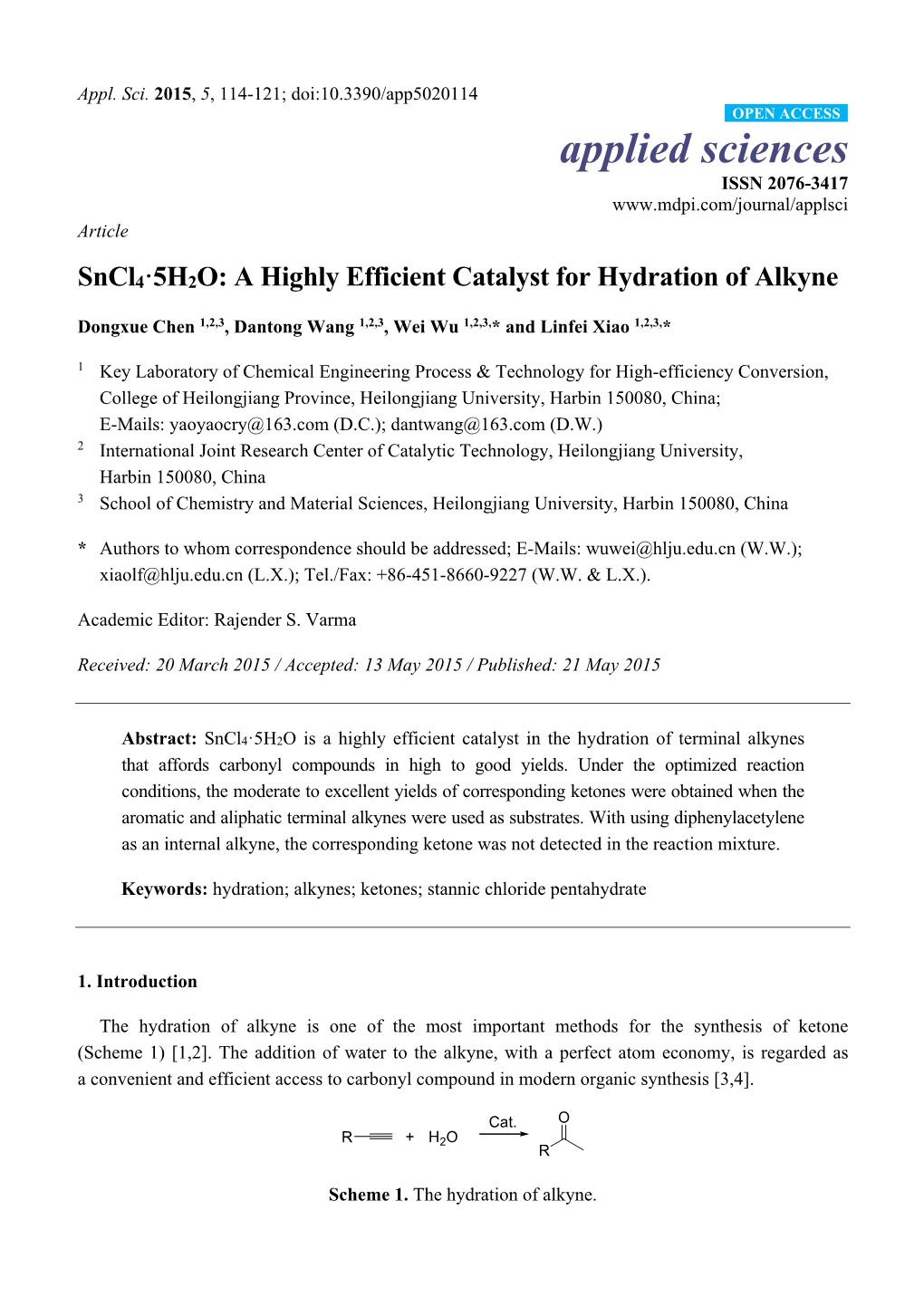 Sncl4·5H2O: a Highly Efficient Catalyst for Hydration of Alkyne