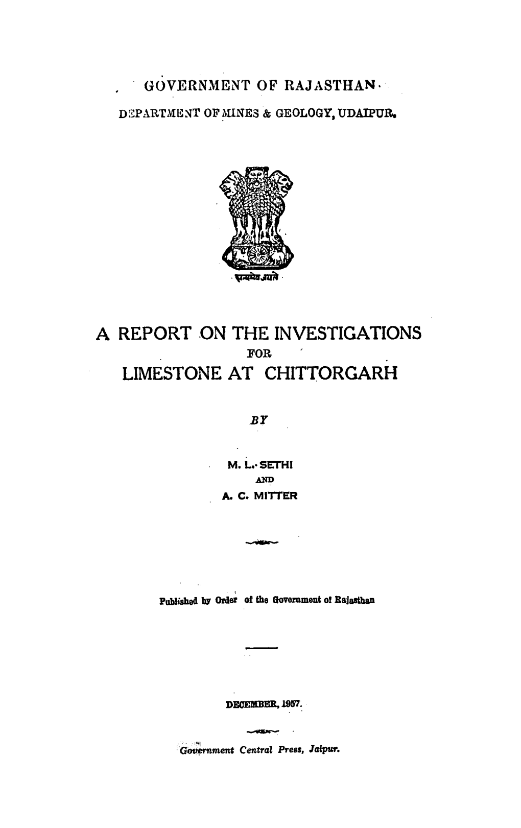 A Report .On the Investigations Limestone At