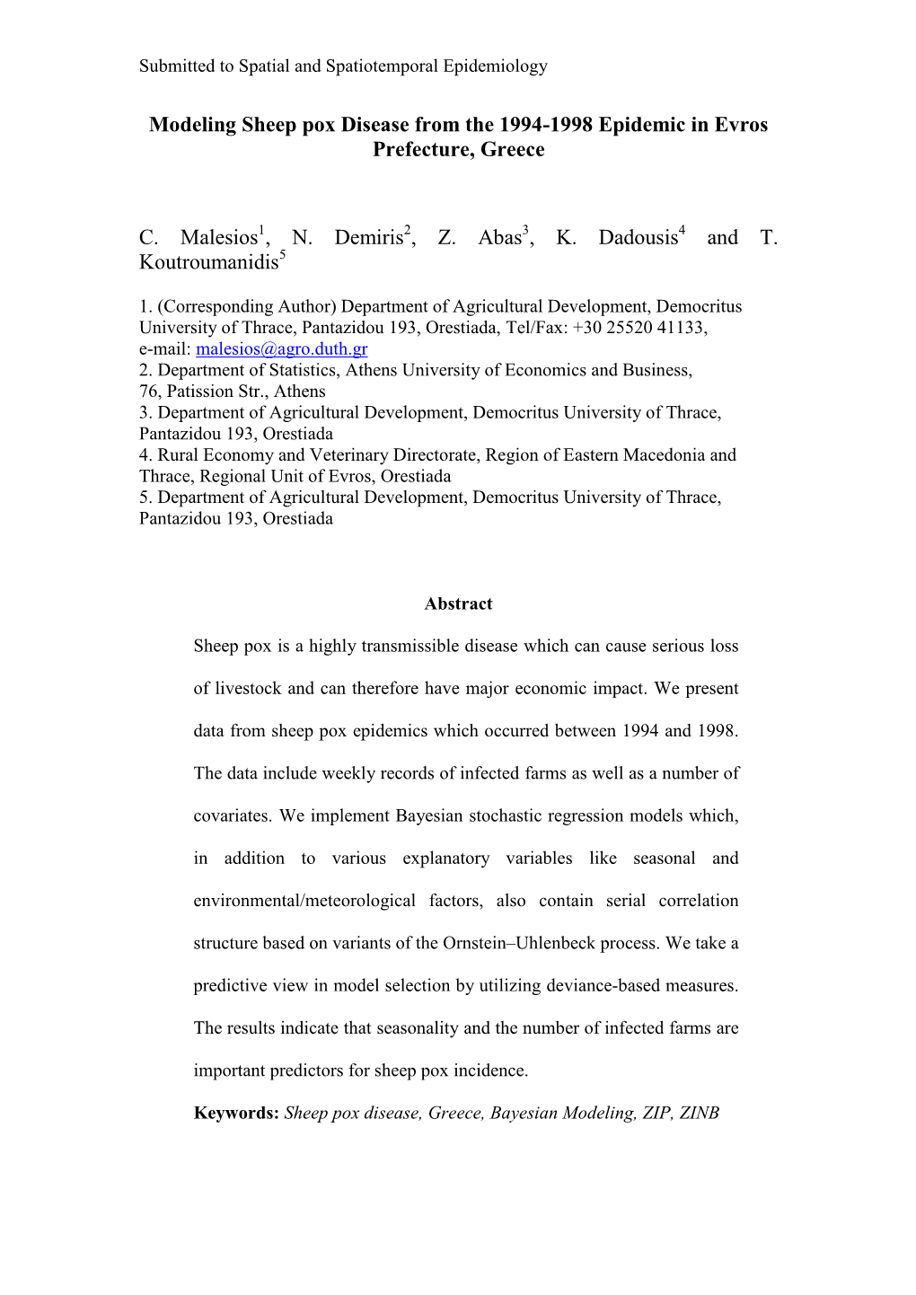 Modeling Sheep Pox Disease Data from the 1994-1998 Epidemic In