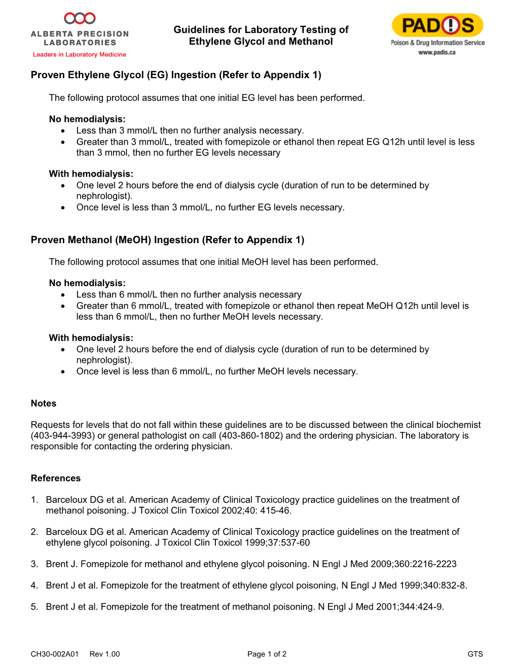 Guidelines for Laboratory Testing of Ethylene Glycol and Methanol