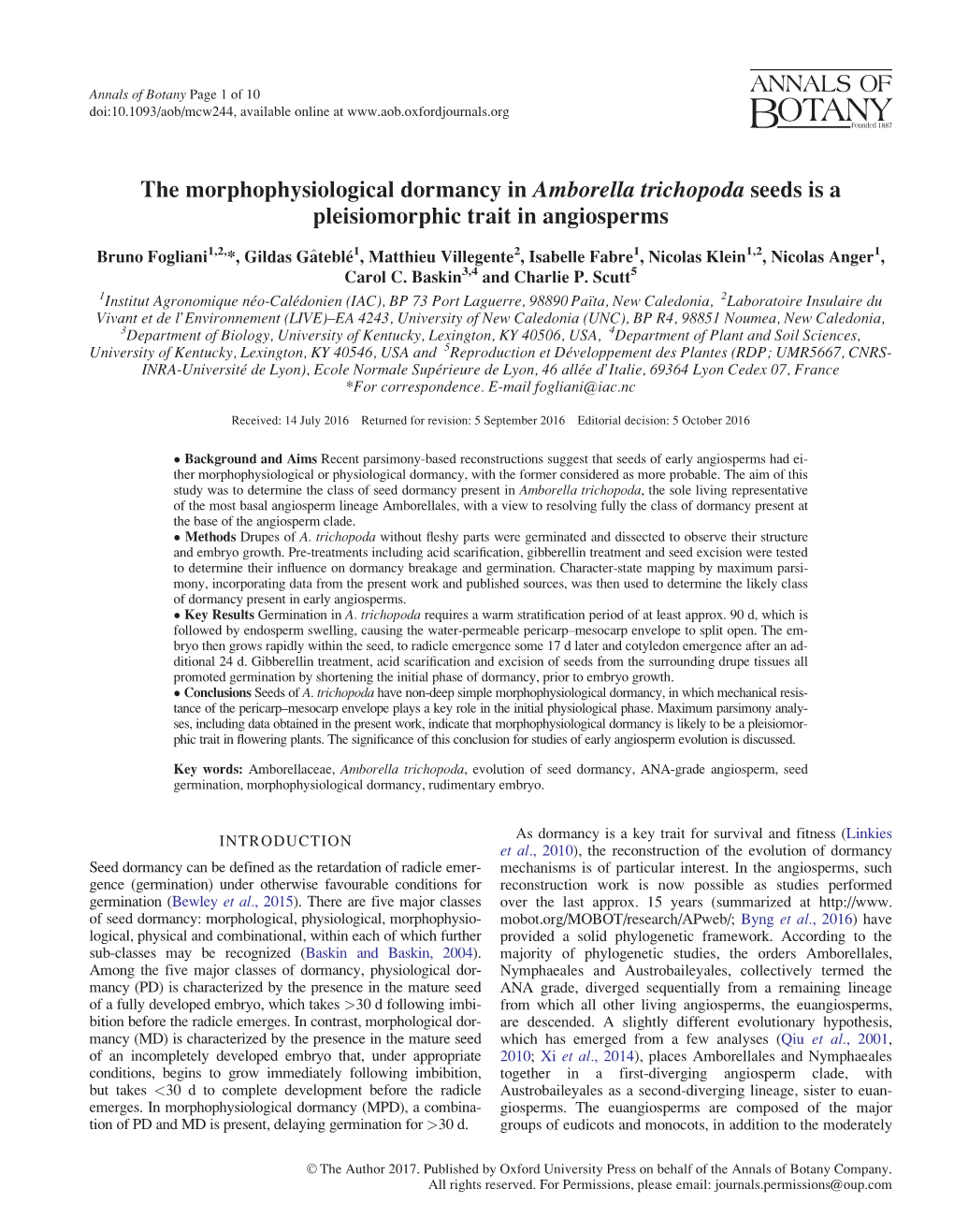 The Morphophysiological Dormancy in Amborella Trichopoda Seeds Is a Pleisiomorphic Trait in Angiosperms