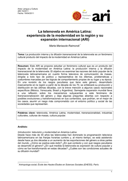 La Telenovela En América Latina: Experiencia De La Modernidad En La Región Y Su Expansión Internacional (ARI)