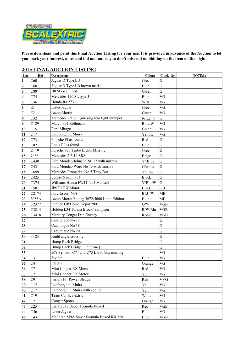 2015 FINAL AUCTION LISTING Lot Ref Description Colour Cond