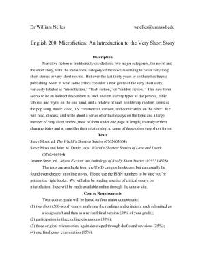 English 200, Microfiction: an Introduction to the Very Short Story
