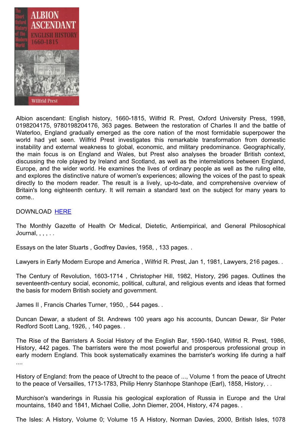 English History, 1660-1815, Wilfrid R. Prest, Oxford University Press, 1998, 0198204175, 9780198204176, 363 Pages