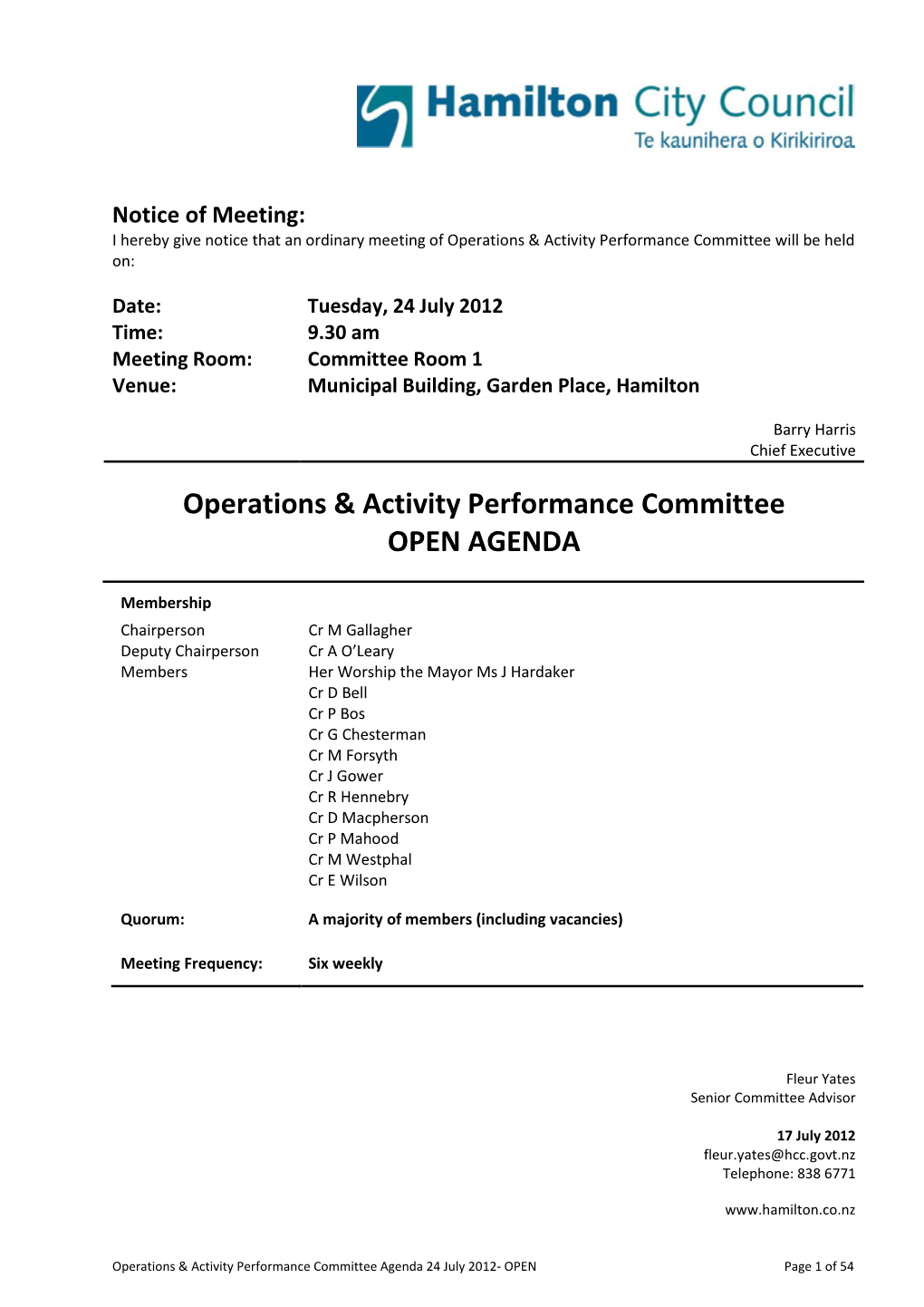 Agenda of Operations & Activity Performance Committee