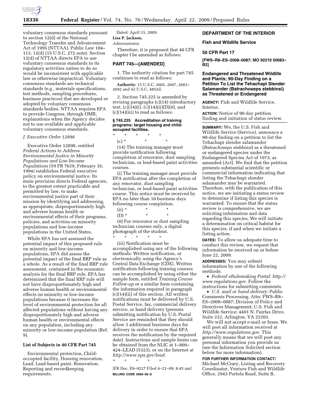 Batrachoseps Stebbinsi) Test Methods, Sampling Procedures, As Threatened Or Endangered Business Practices) That Are Developed Or 2