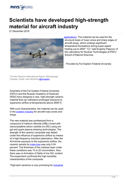 Scientists Have Developed High-Strength Material for Aircraft Industry 21 December 2018