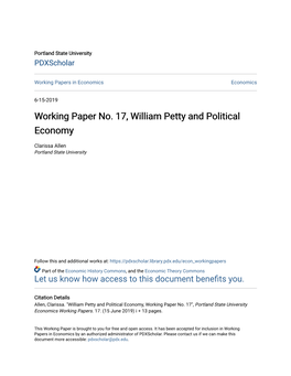 Working Paper No. 17, William Petty and Political Economy