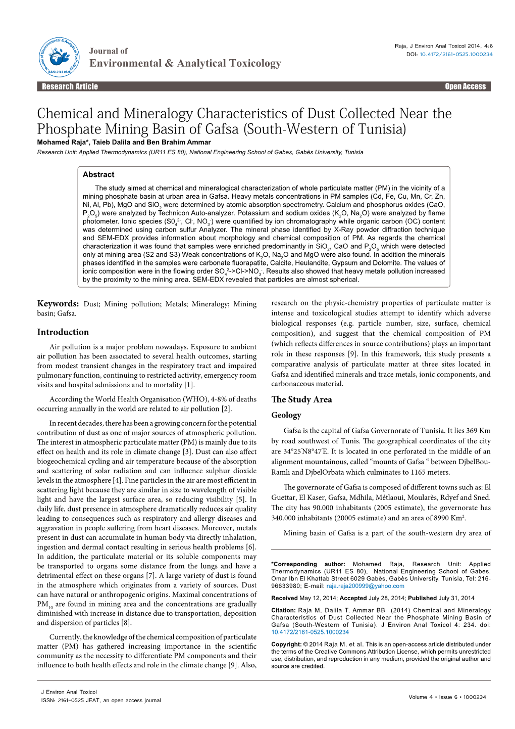 Chemical and Mineralogy Characteristics of Dust Collected