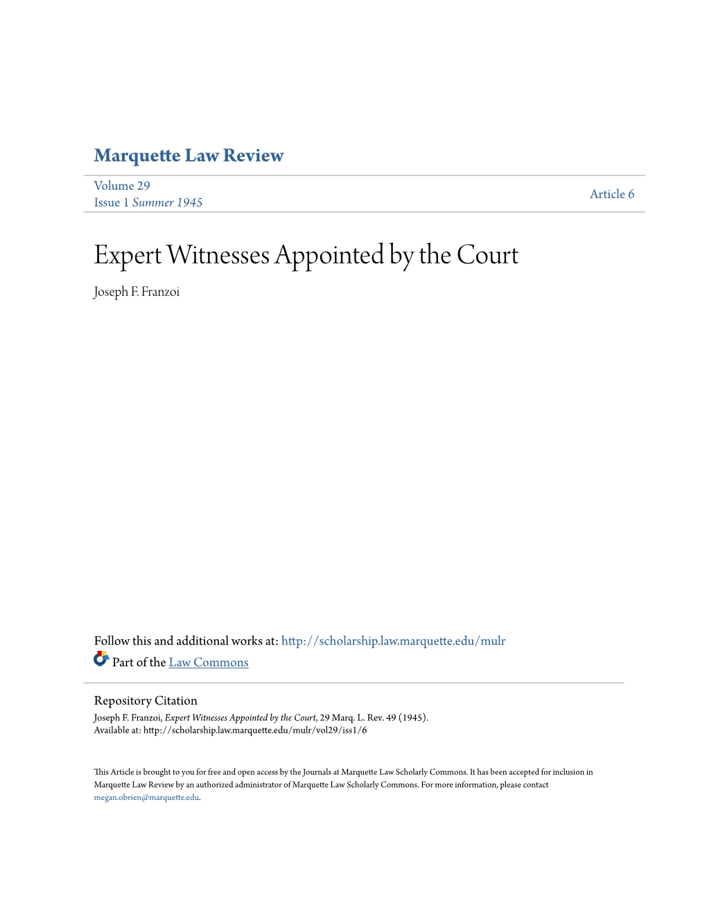 Expert Witnesses Appointed by the Court Joseph F