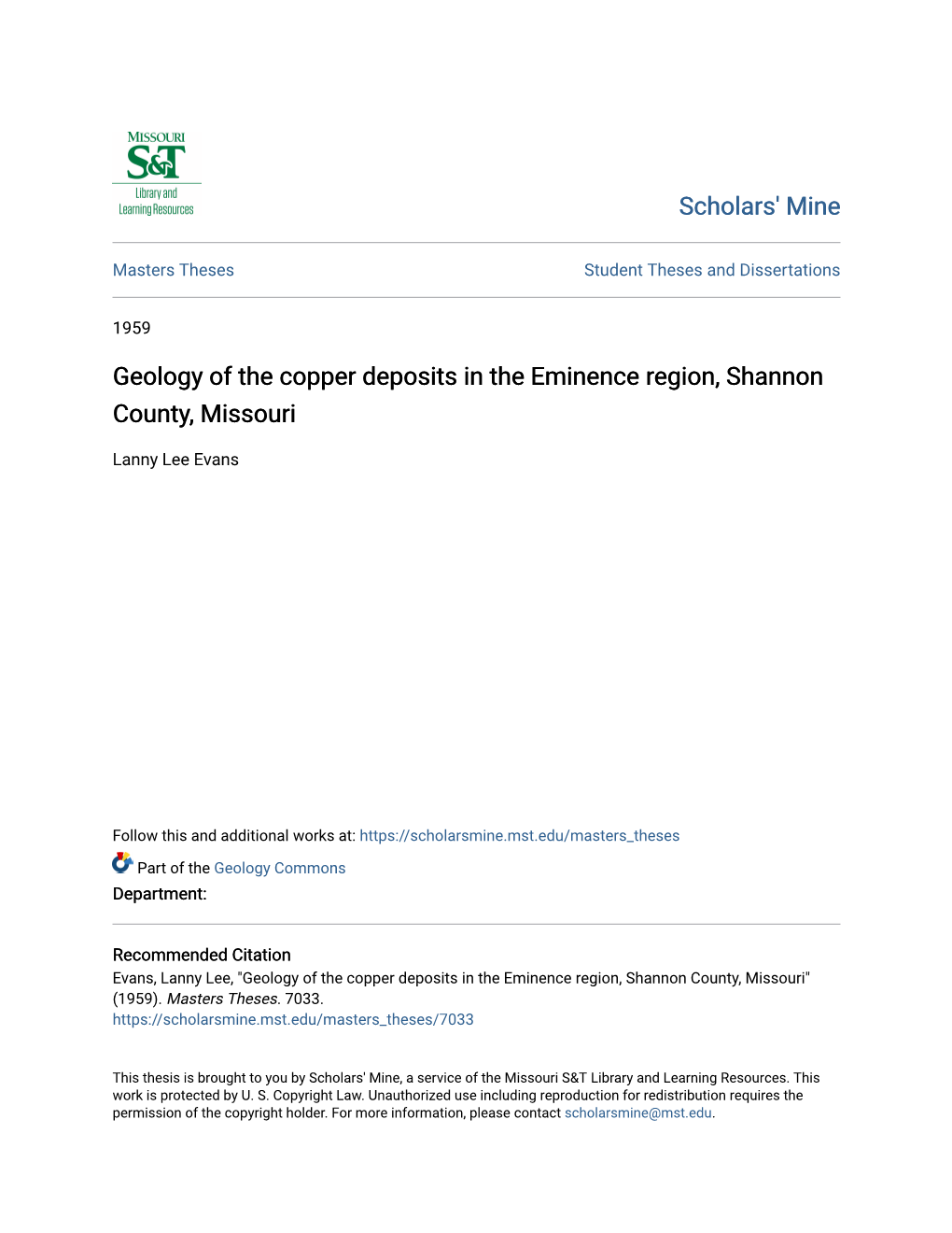 Geology of the Copper Deposits in the Eminence Region, Shannon County, Missouri