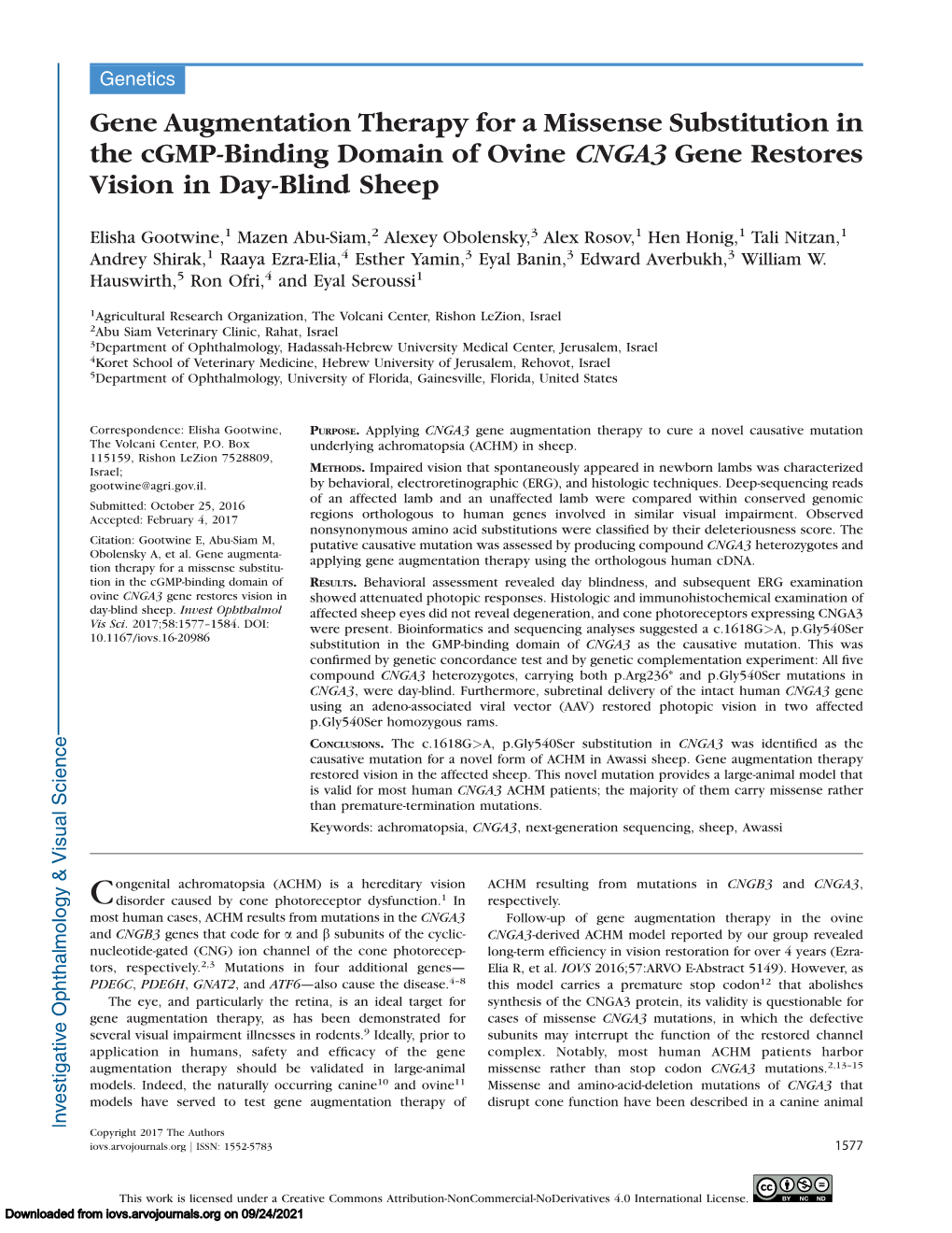 Gene Augmentation Therapy for a Missense Substitution in the Cgmp-Binding Domain of Ovine CNGA3 Gene Restores Vision in Day-Blind Sheep