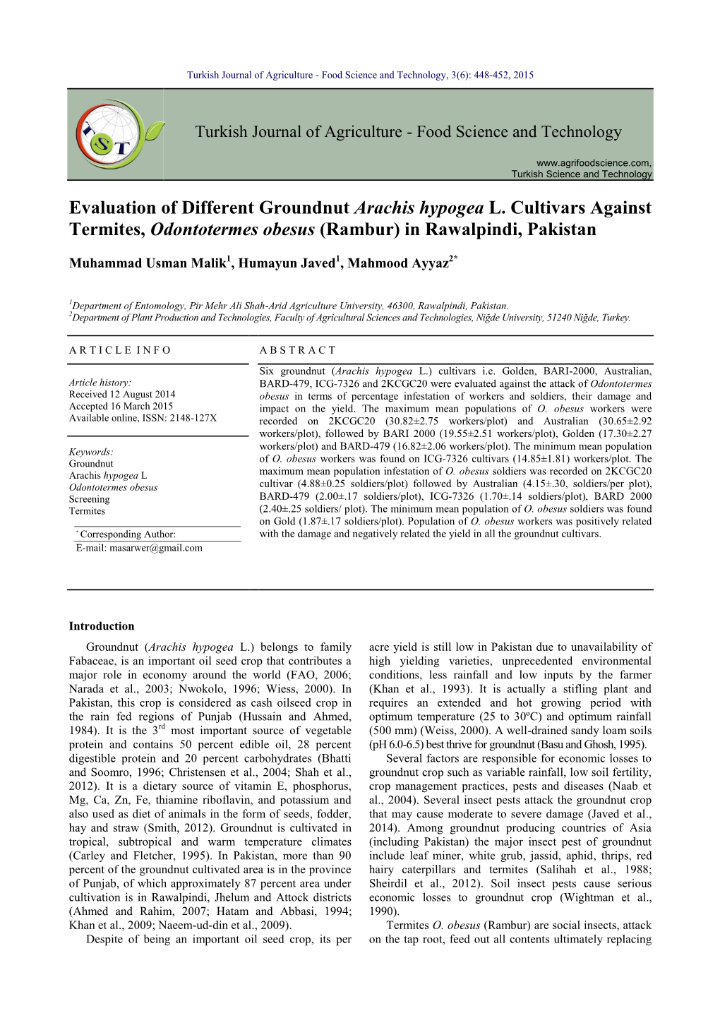 Evaluation of Different Groundnut Arachis Hypogea L. Cultivars Against Termites, Odontotermes Obesus (Rambur) in Rawalpindi, Pakistan