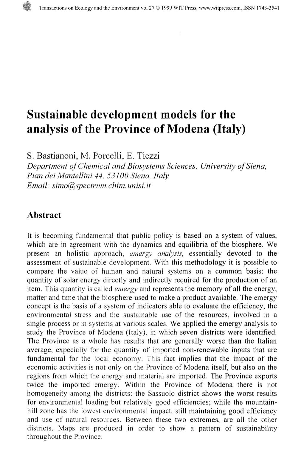 Sustainable Development Models for the Analysis of the Province of Modena (Italy)