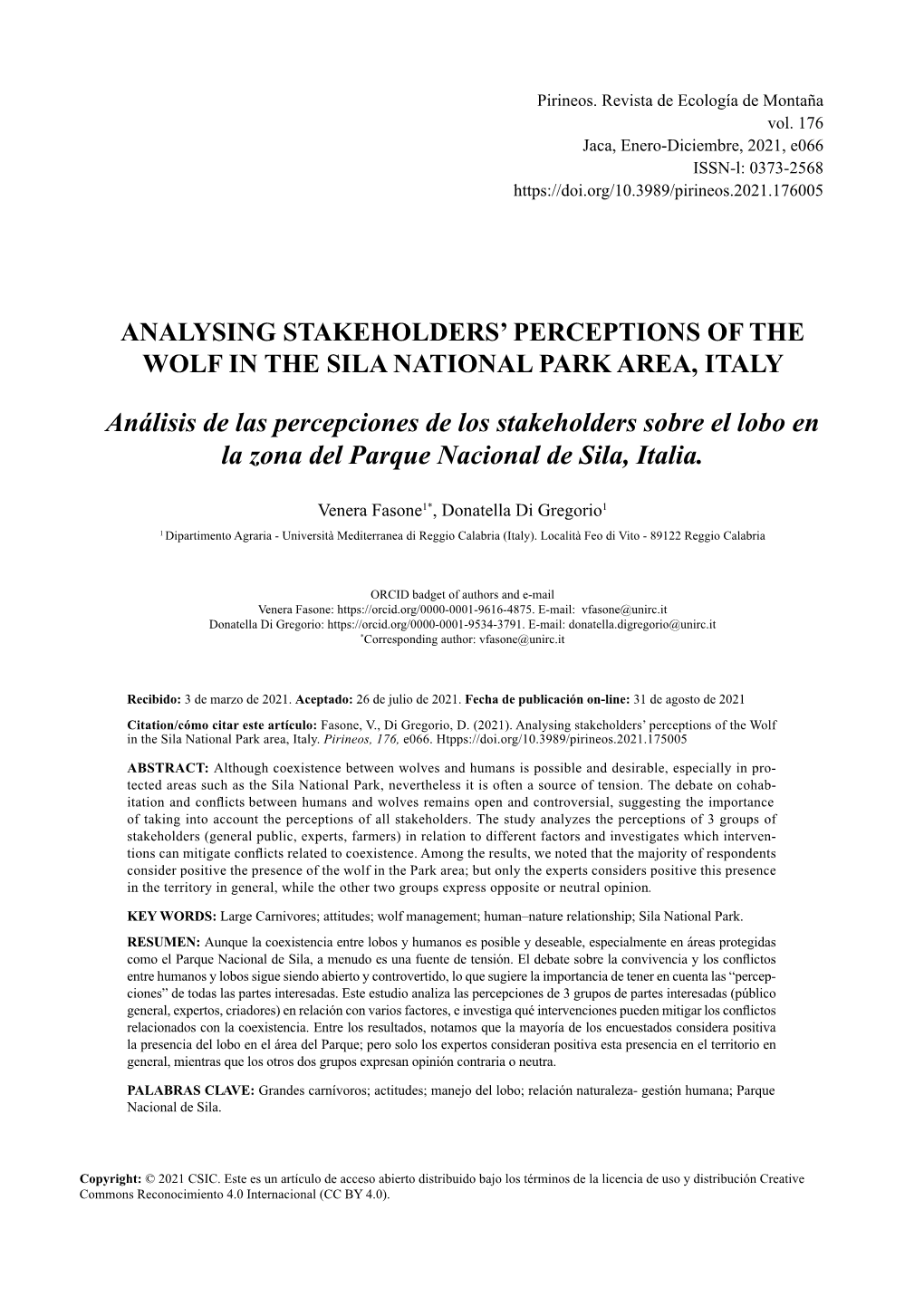 Analysing Stakeholders' Perceptions of the Wolf in the Sila National Park
