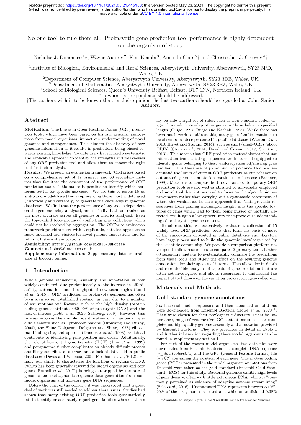 Prokaryotic Gene Prediction Tool Performance Is Highly Dependent on the Organism of Study