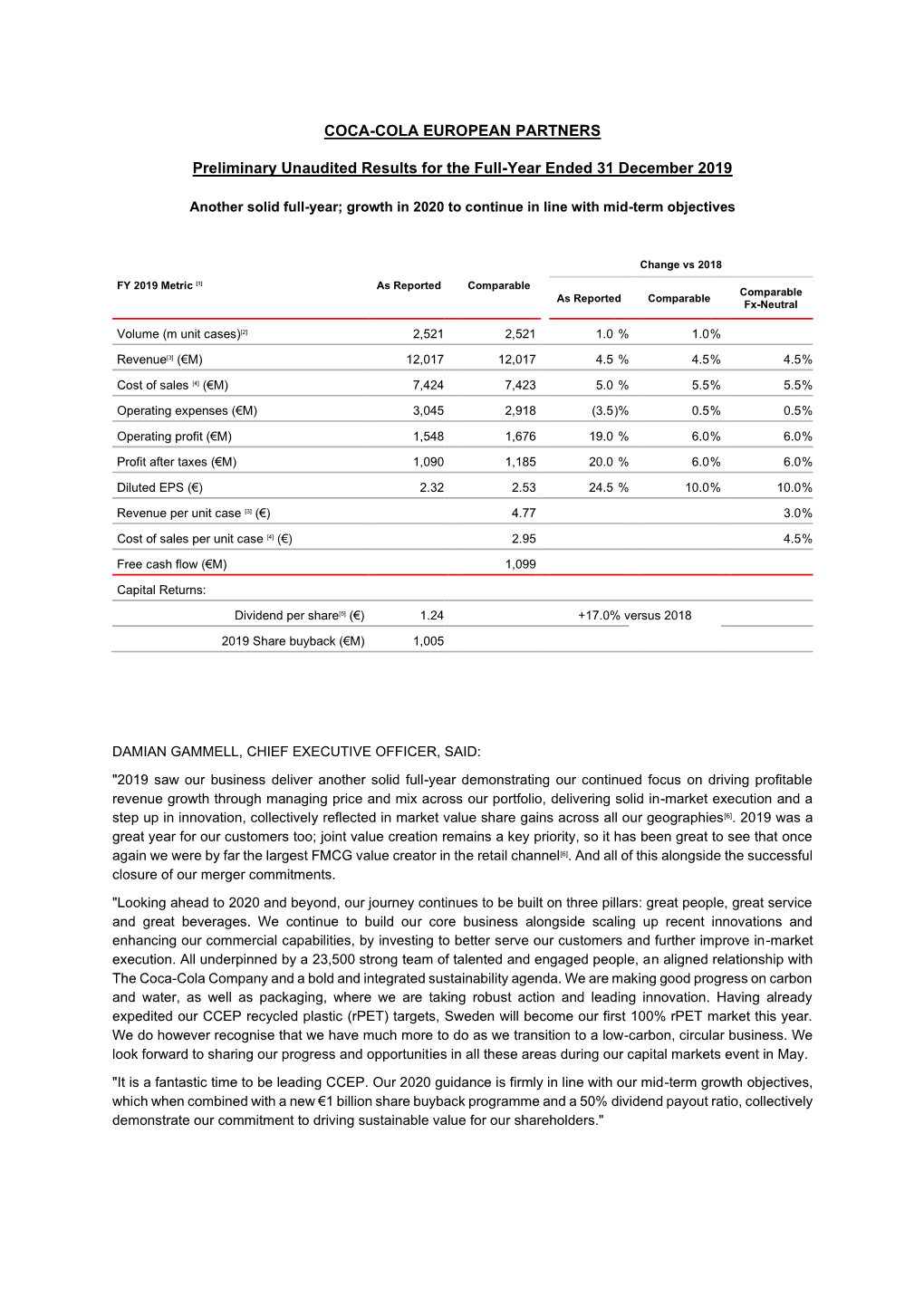 COCA-COLA EUROPEAN PARTNERS Preliminary Unaudited Results for the Full-Year Ended 31 December 2019