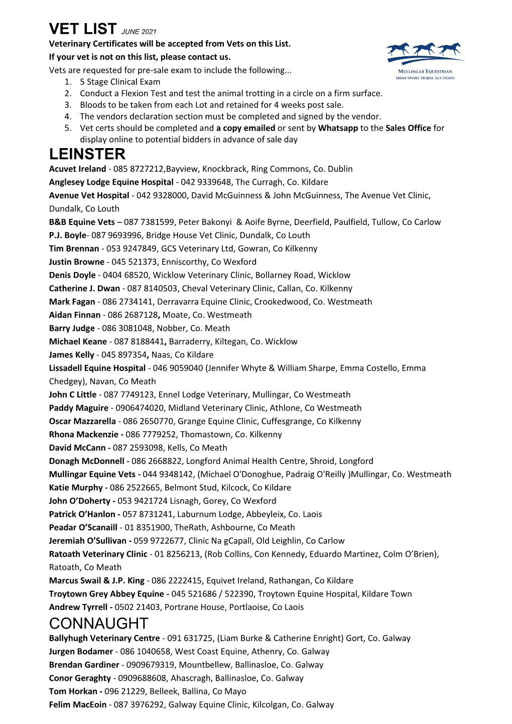 Vet List June 2021 Leinster Connaught