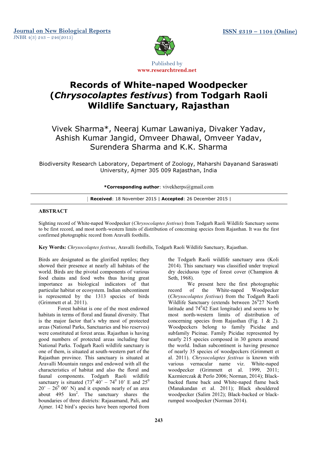 Records of White-Naped Woodpecker (Chrysocolaptes Festivus) from Todgarh Raoli Wildlife Sanctuary, Rajasthan