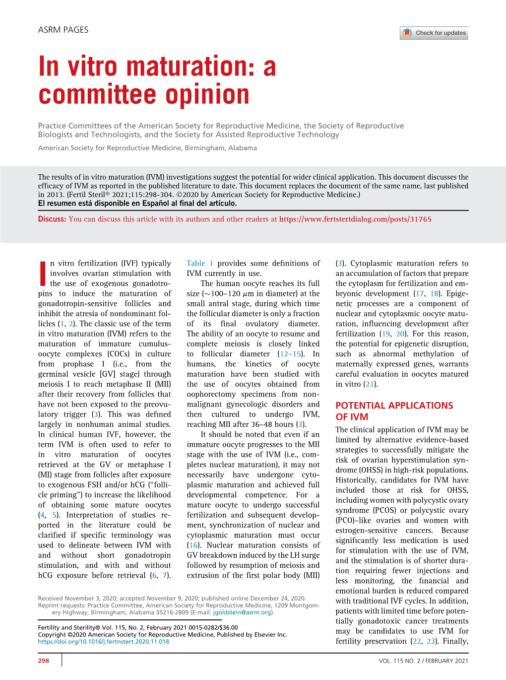 In Vitro Maturation: a Committee Opinion