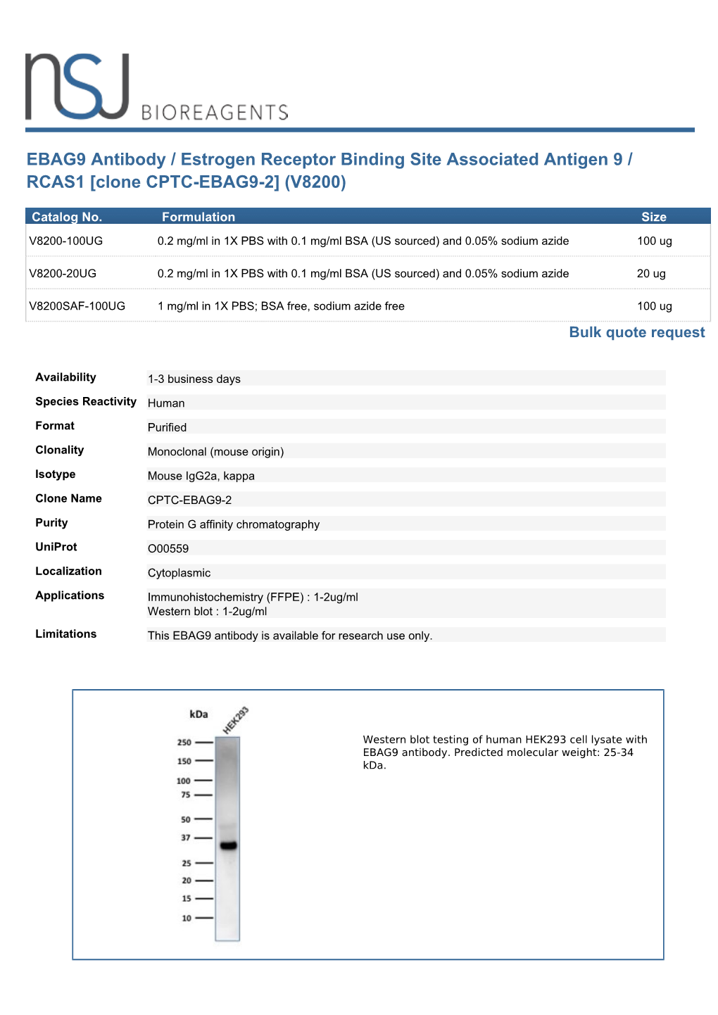 EBAG9 Antibody / Estrogen Receptor Binding Site Associated Antigen 9 / RCAS1 [Clone CPTC-EBAG9-2] (V8200)