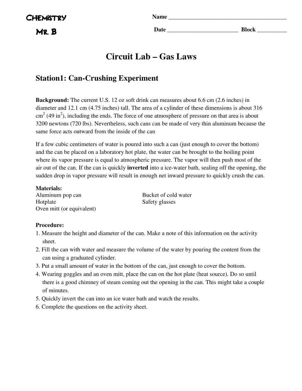 Circuit Lab – Gas Laws