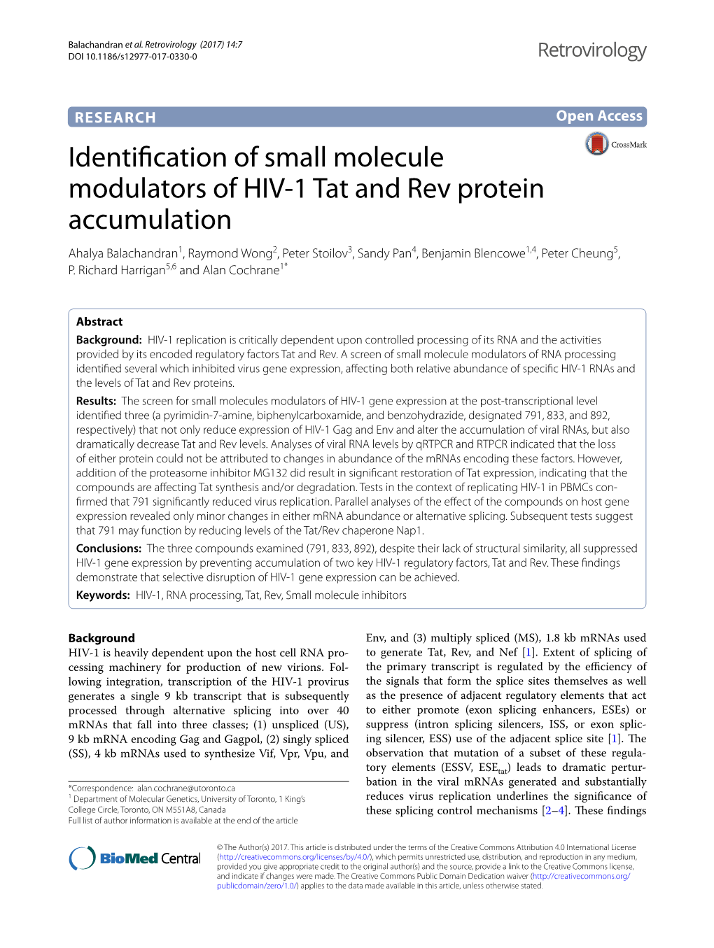 Identification of Small Molecule Modulators of HIV-1 Tat and Rev