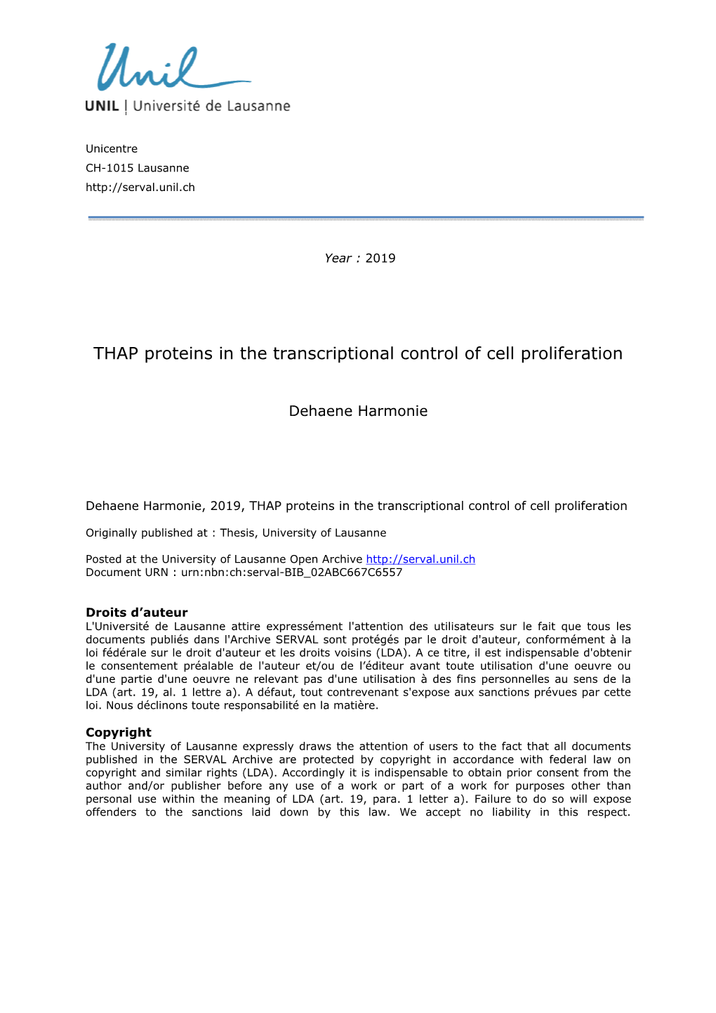 THAP Proteins in the Transcriptional Control of Cell Proliferation