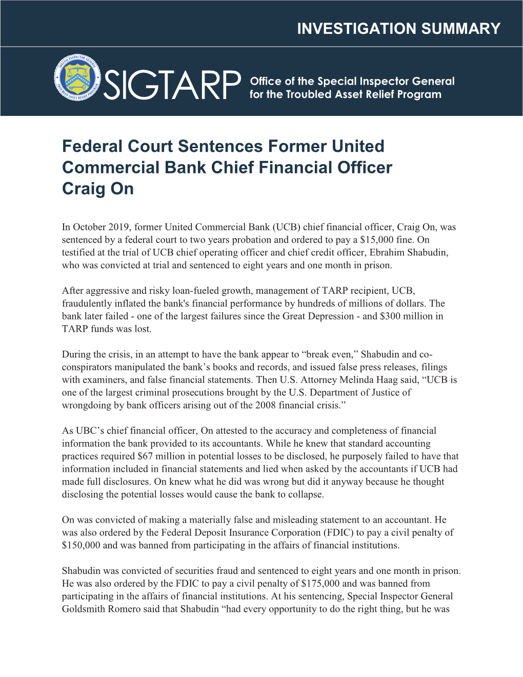 Federal Court Sentences Former United Commercial Bank Chief Financial Officer Craig On