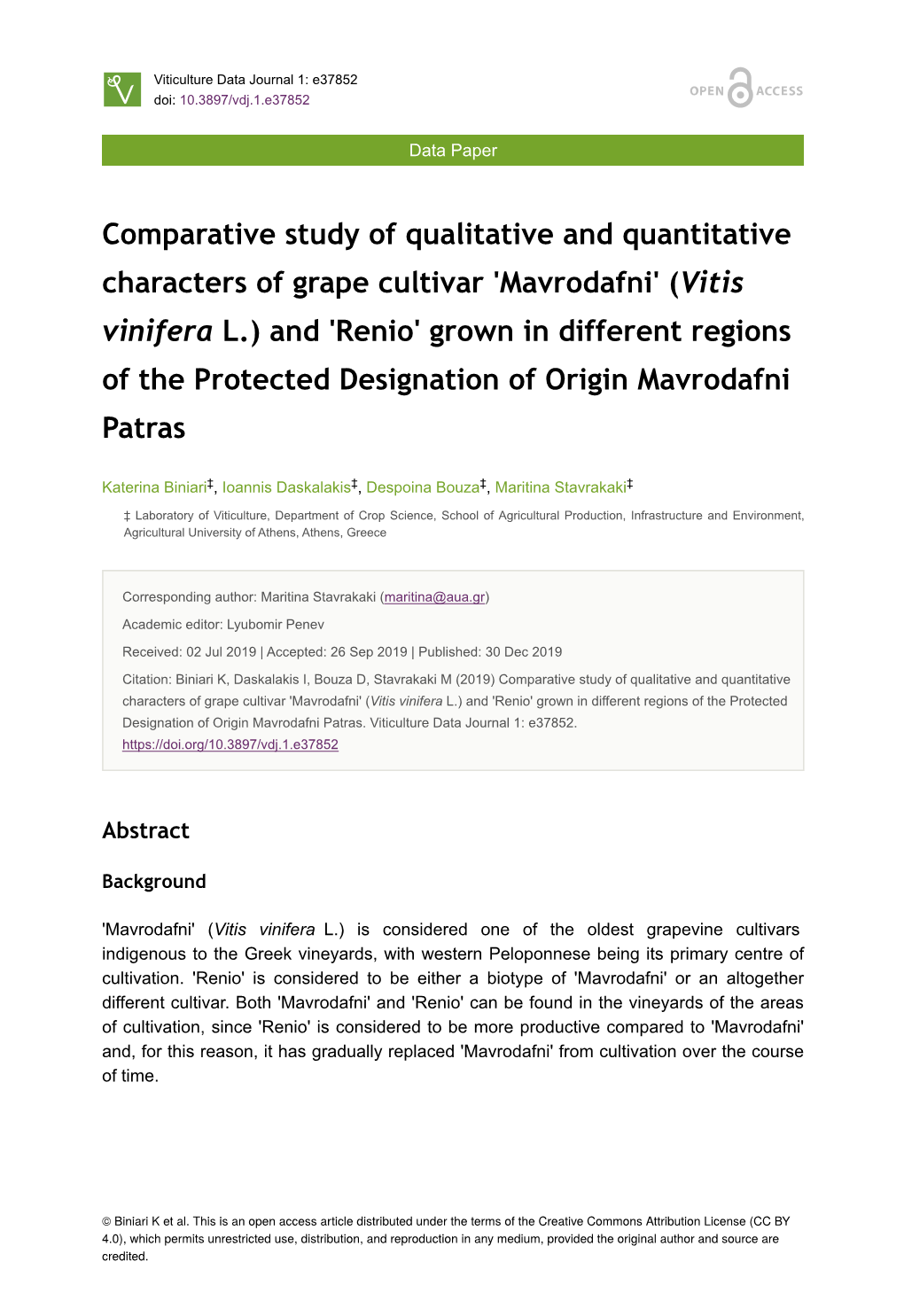 (Vitis Vinifera L.) and 'Renio' Grown in Different Regions of the Protected Designation of Origin Mavrodafni Patras