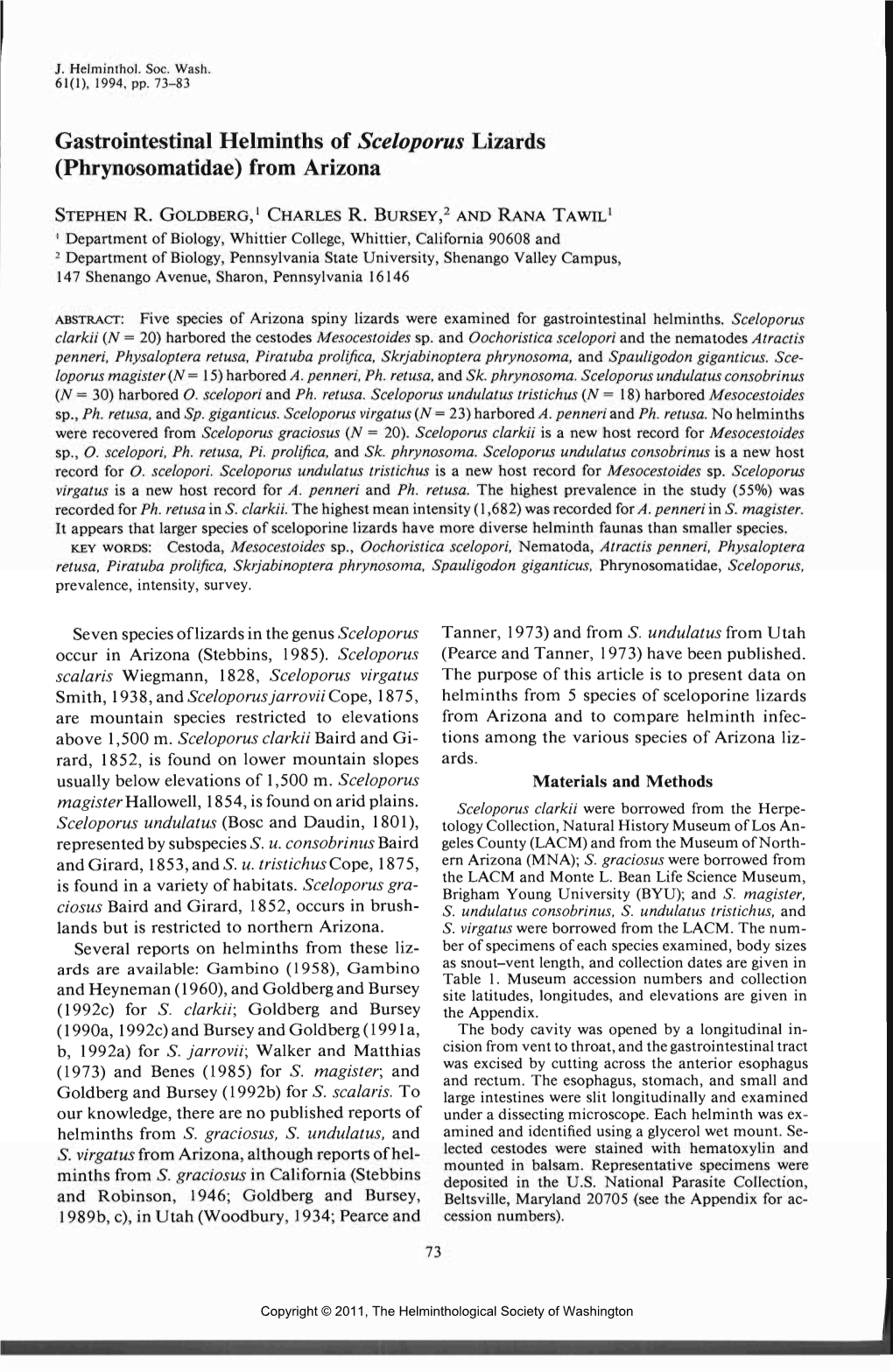 Gastrointestinal Helminths of Sceloporus Lizards (Phrynosomatidae) from Arizona