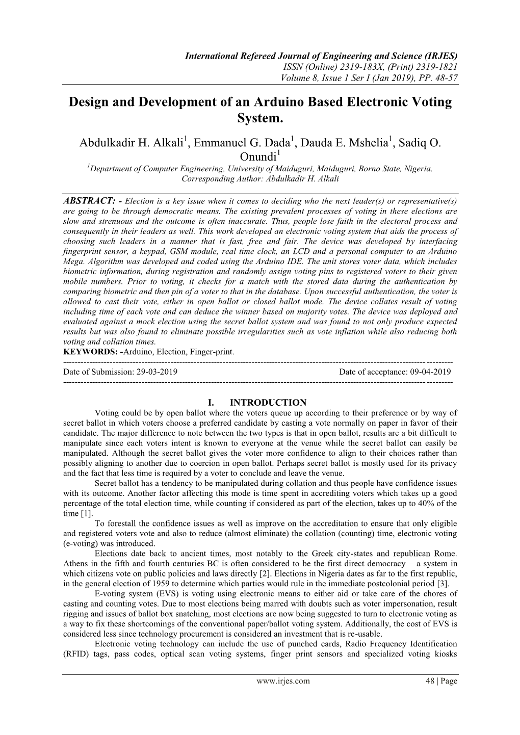 Design and Development of an Arduino Based Electronic Voting System