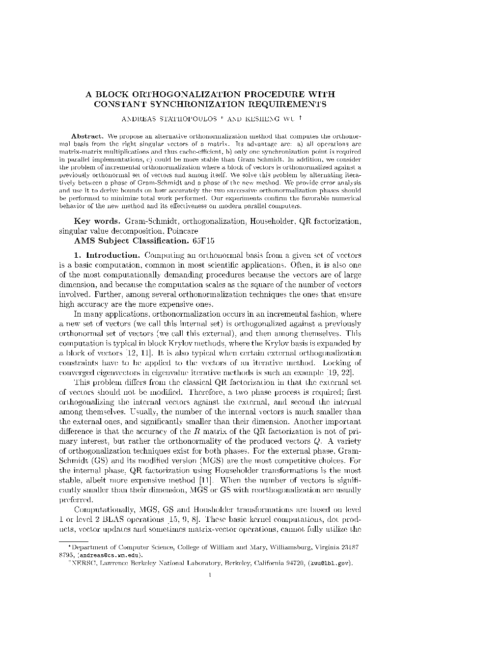 A Block Orthogonalization Procedure with Constant Synchronization