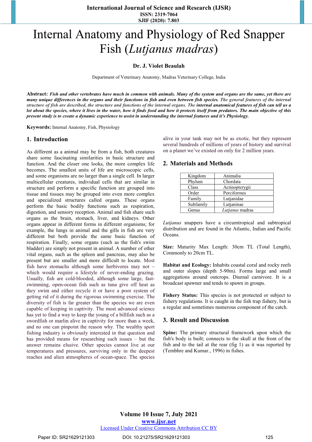 Internal Anatomy and Physiology of Red Snapper Fish (Lutjanus Madras)