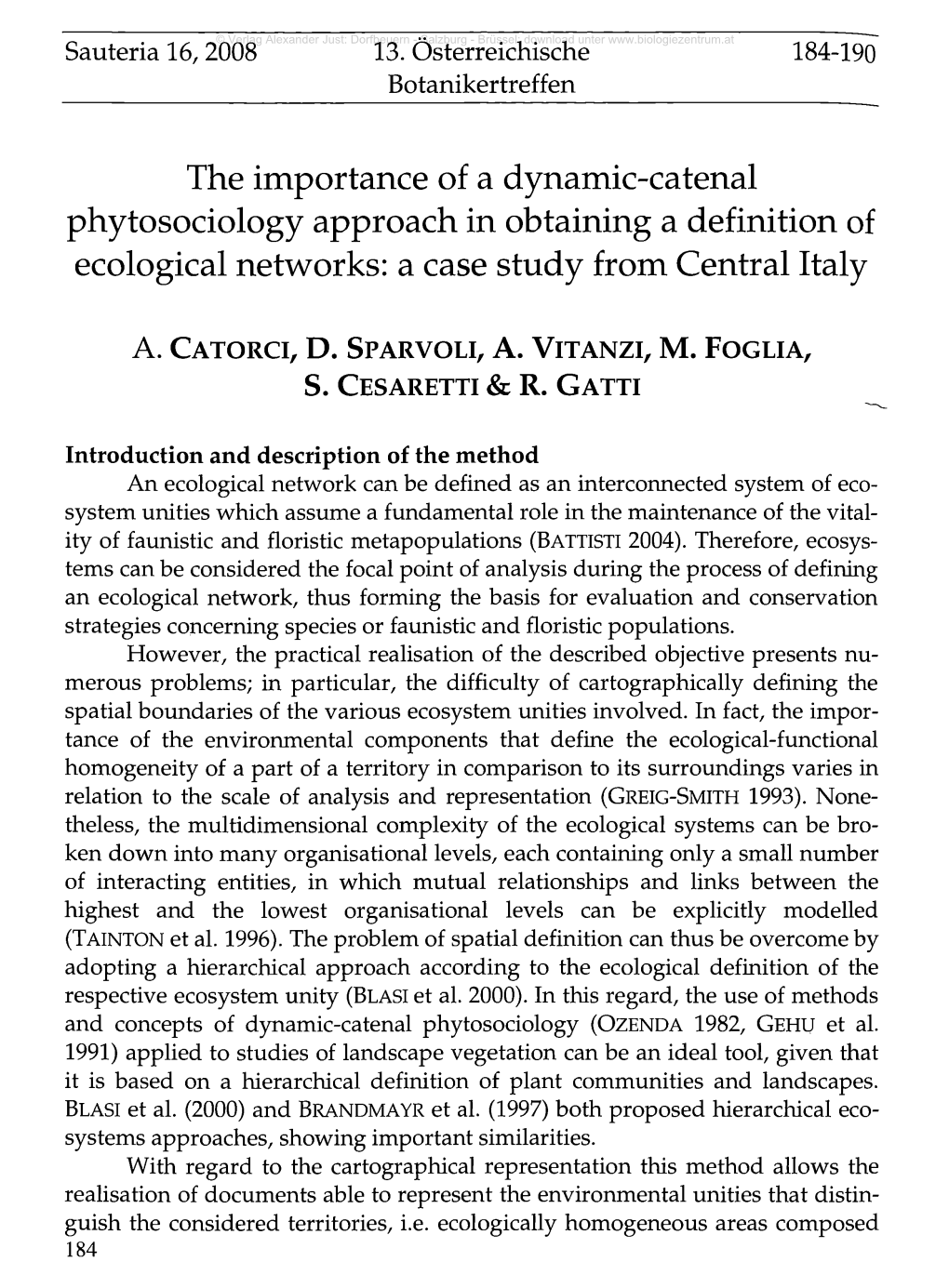 The Importance of a Dynamic-Catenal Phytosociology Approach in Obtaining a Definition of Ecological Networks: a Case Study from Central Italy