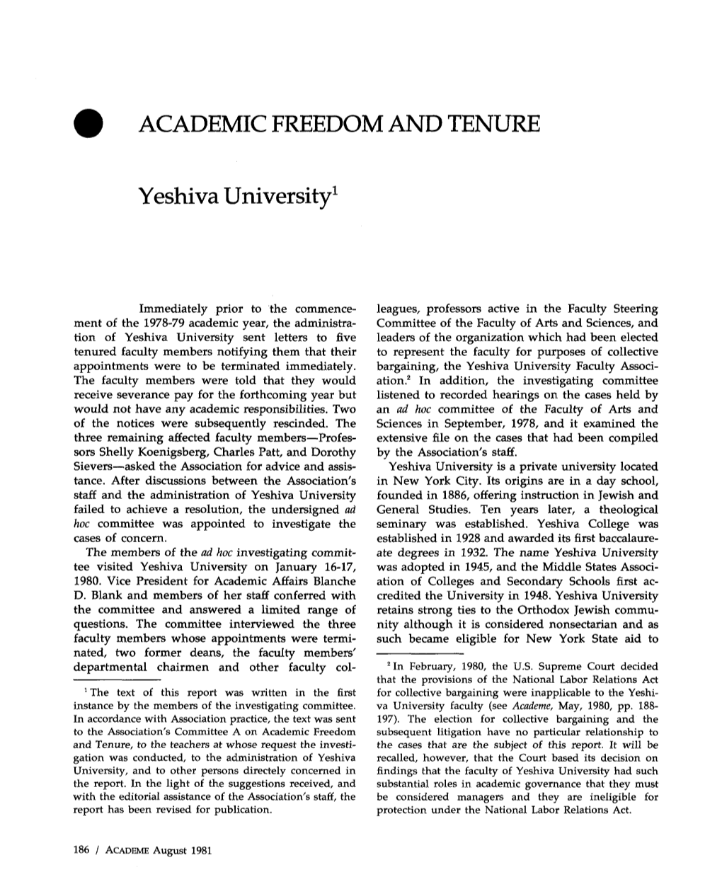 ACADEMIC FREEDOM and TENURE Yeshiva University1