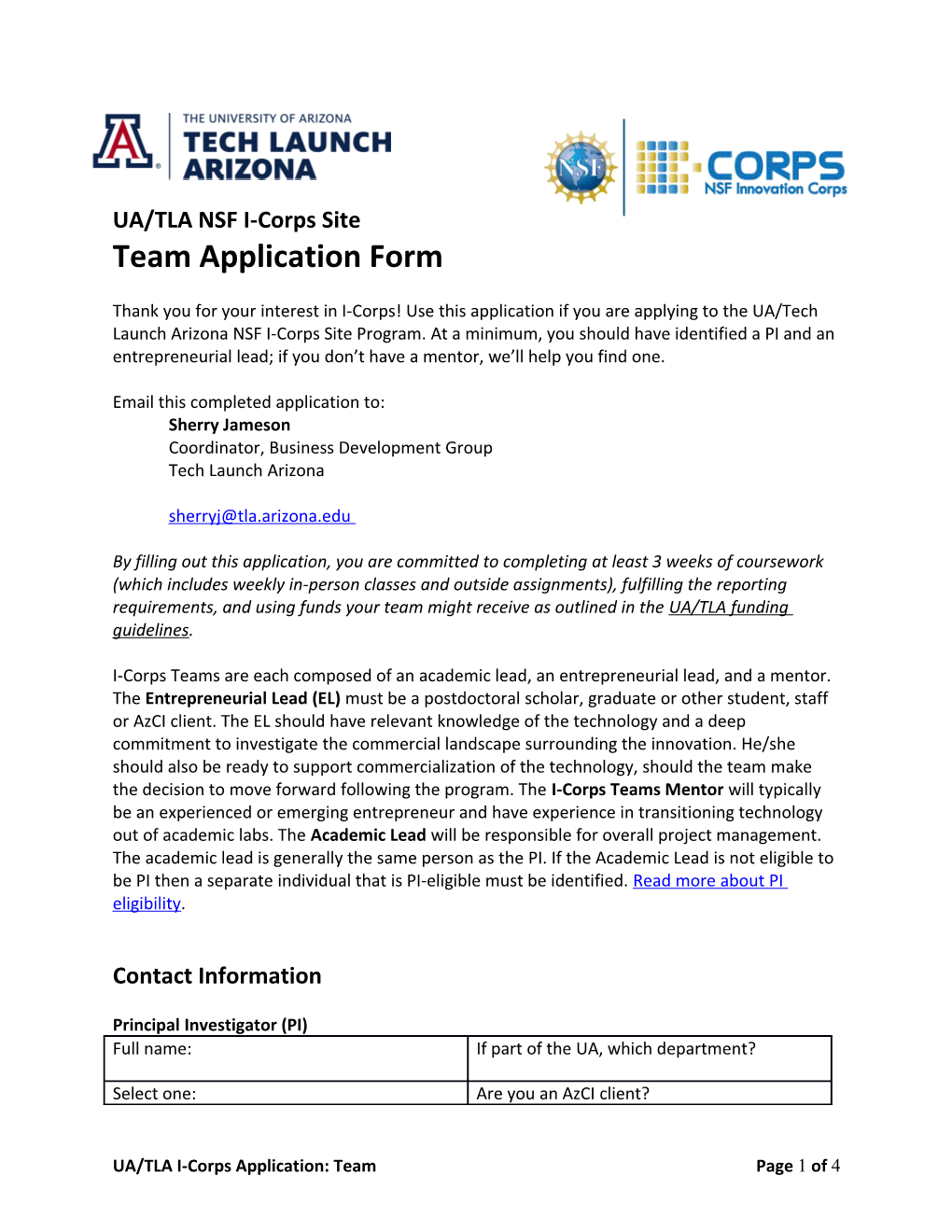 UA/TLA NSF I-Corps Site Team Application Form