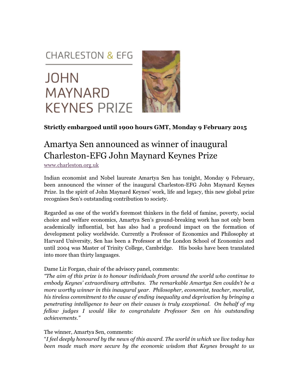 Amartya Sen Announced As Winner of Inaugural Charleston-EFG John Maynard Keynes Prize