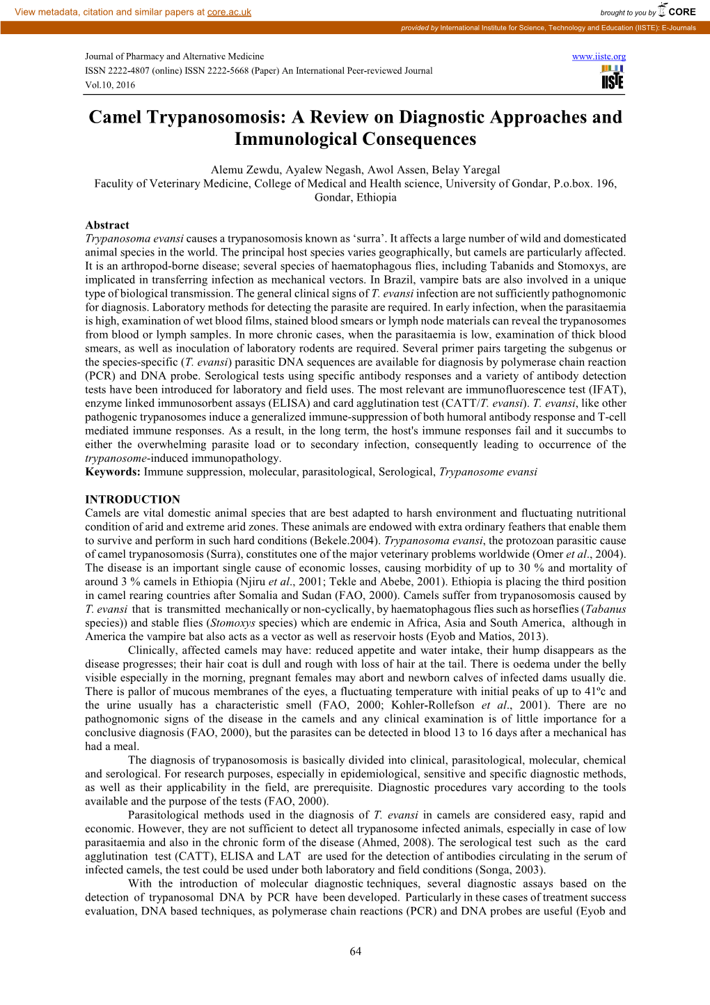 Camel Trypanosomosis: a Review on Diagnostic Approaches and Immunological Consequences