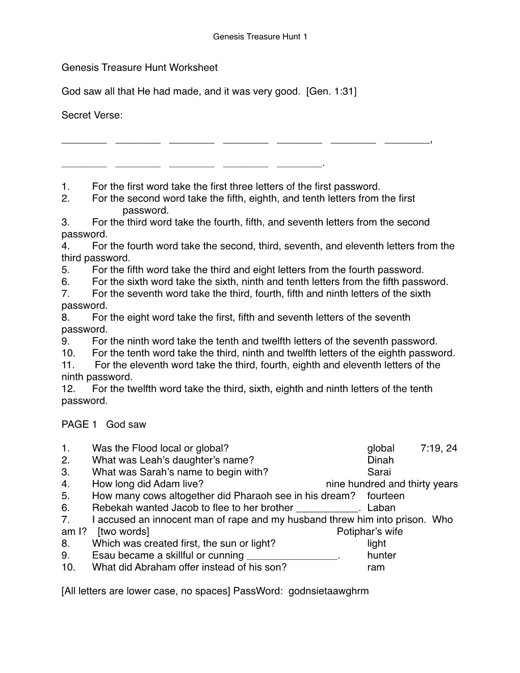 Genesis Treasure Hunt Worksheet God Saw All That He Had Made, And