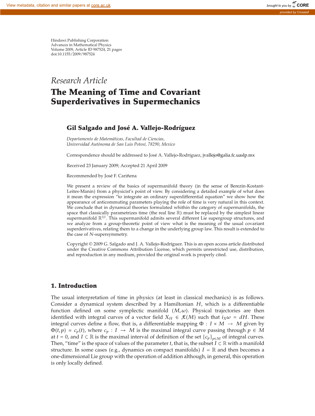 Research Article the Meaning of Time and Covariant Superderivatives in Supermechanics