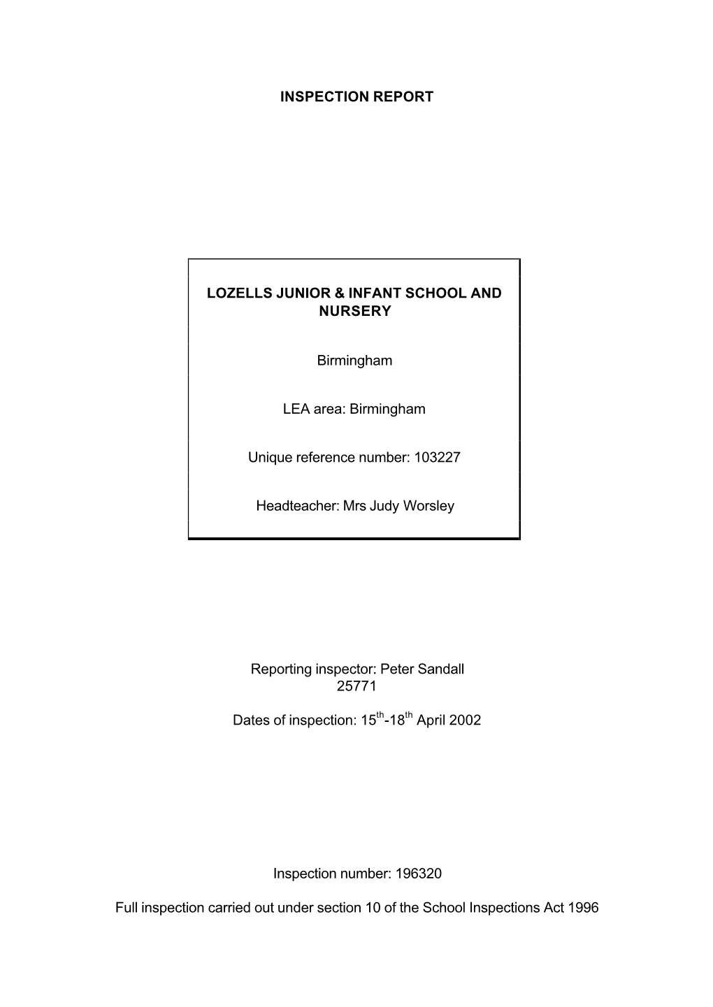 Inspection Report Lozells Junior & Infant School And