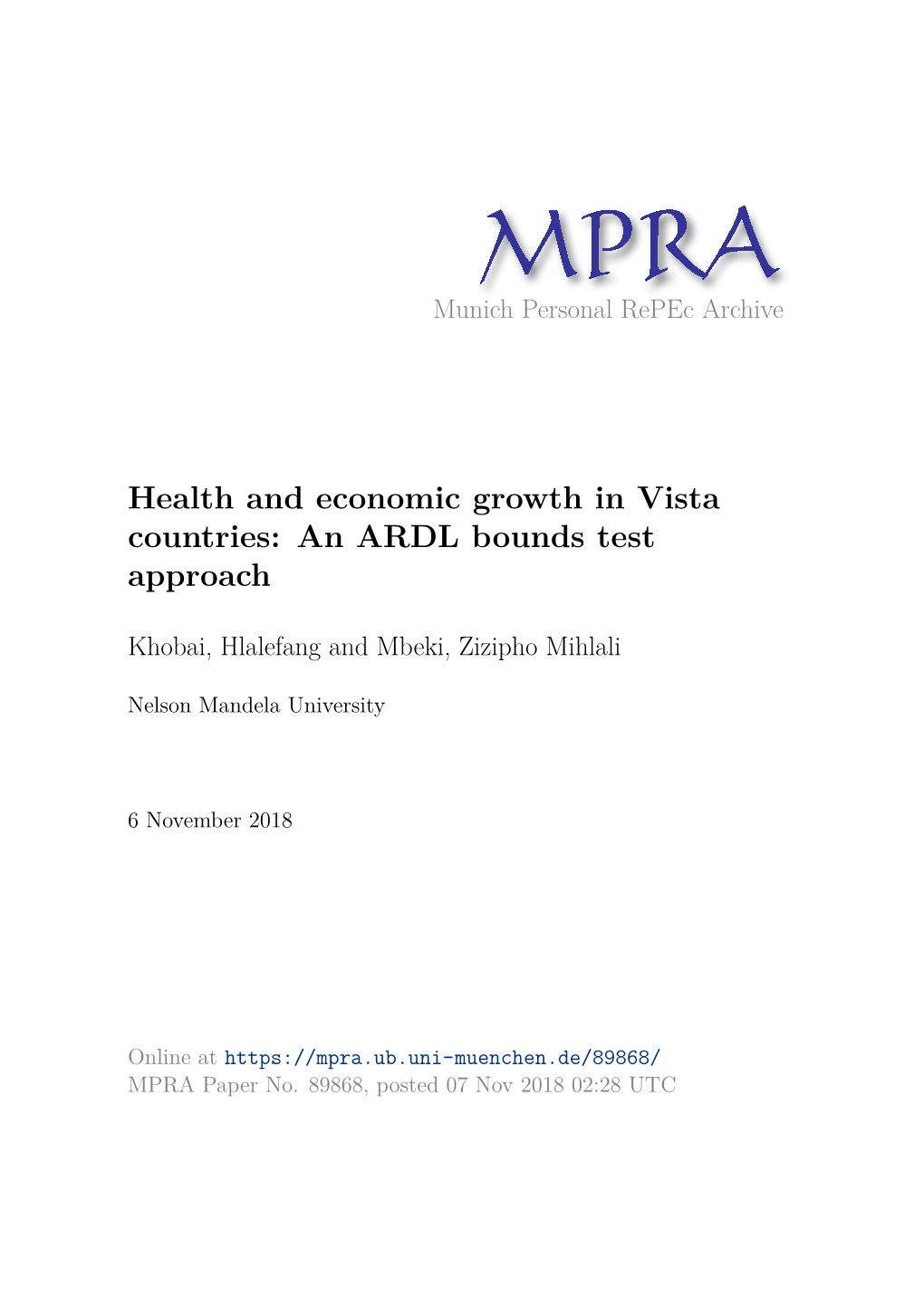 Health and Economic Growth in Vista Countries: an ARDL Bounds Test Approach